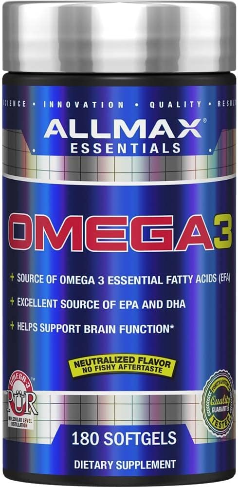 ALLMAX Διατροφή Ωμέγα 3 Ultra-καθαρό συμπυκνωμένο ιχθυέλαιο κρύου νερού, 180 μέτρα
