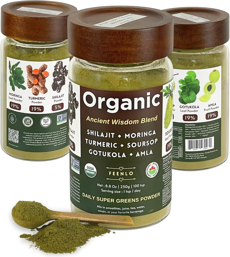 Organik Non-GMO Moringa, Shilajit, Turmeric, Soursop, Gotukola ve Amla Green Juice, 3-Month Supply