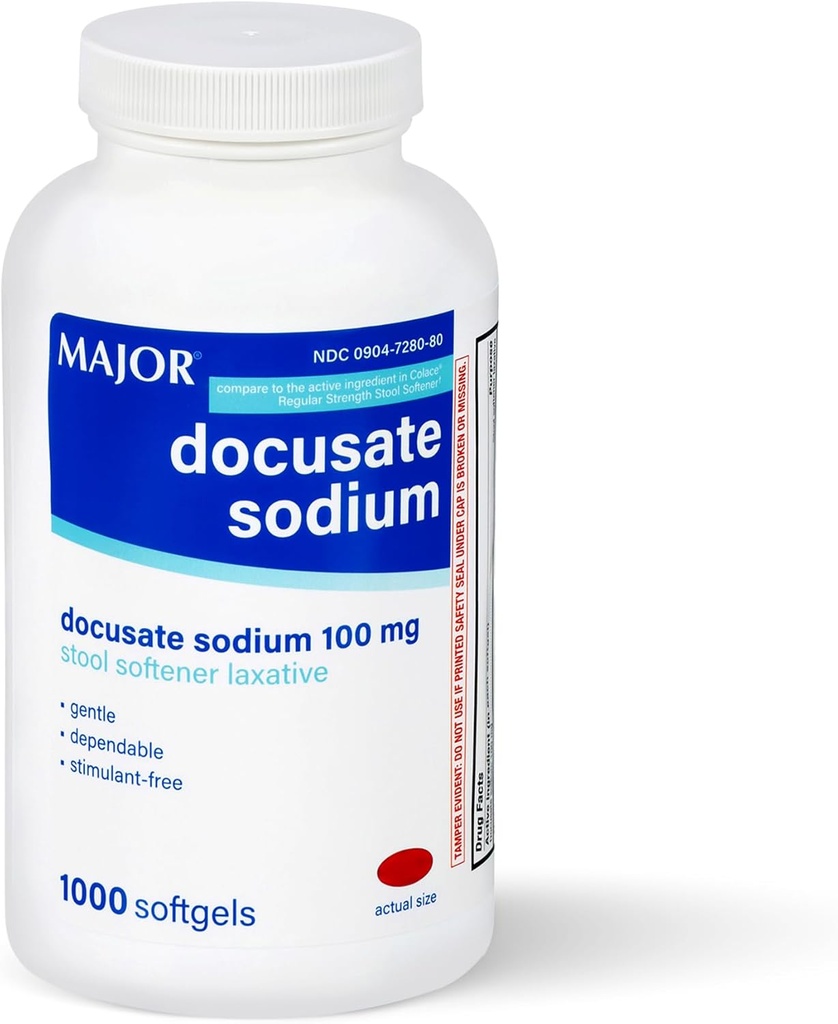 MAJOR Docusate sodyum 100 mg, Stool Softener Laxative for Occasional Constipation Relief - Gentle, Dependable, Stimulant-Free, 1000 Softgels
