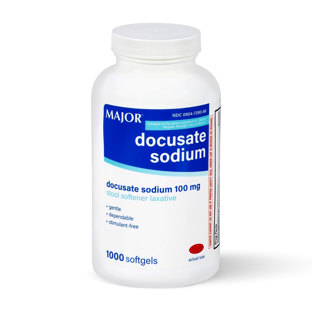 MAJOR Docusate sodyum 100 mg, Stool Softener Laxative for Occasional Constipation Relief - Gentle, Dependable, Stimulant-Free, 1000 Softgels