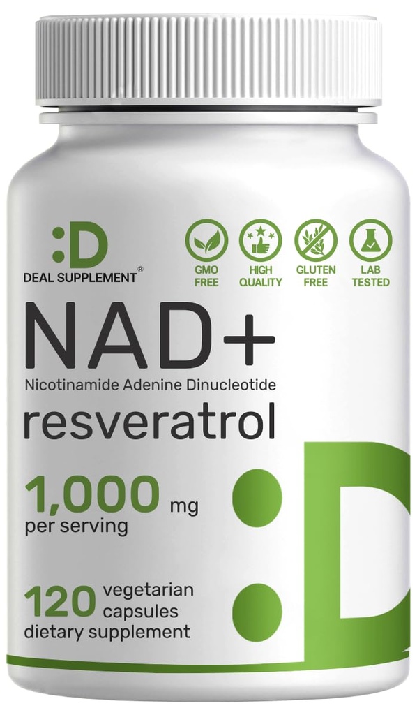 NAD+ Resveratrol 1000 mg In Service, 120 Veggie Capsules | 2in-1 Ekstra Güçlü NMN Supplement Alternatif | Kadınlar ve Erkekler için NAD | Enerjiyi, Anti-Aging & Hücre Rejenerasyonu – Non-GMO