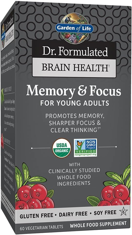 Garden of Life Dr Formulated Memory & Focus for Young Adults - Memory, Focus, Clarity and Brain Health for Young Adults & Teens, Organic Tablets - Vitamin D3, Turmeric, Sage, Coffee Fruit – 60 Tablets