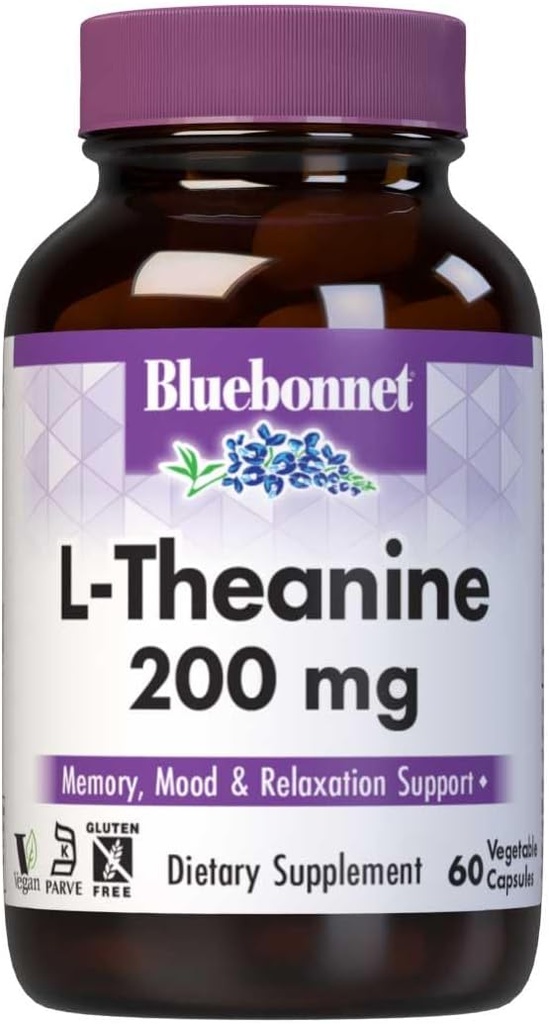 Bluebonnet Beslenme L-Theanine 200 mg, Free-Form Asit, Promosyonlar *, Soy-Free, Gluten-Free, Non-GMO, Kosher Sertifikalı, Vegan, 60 Sebze Kapsülleri, 60 Hizmetler
