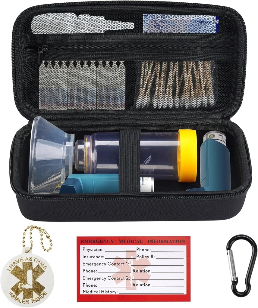 Seyahat Asthma Inhaler, Inhaler Spacer for Yetişkinler and Children, Maske, Inhalerrec with Asthma Uyarı Label and Medical Card, with Carabiner (Case Only) (Black) (Black)