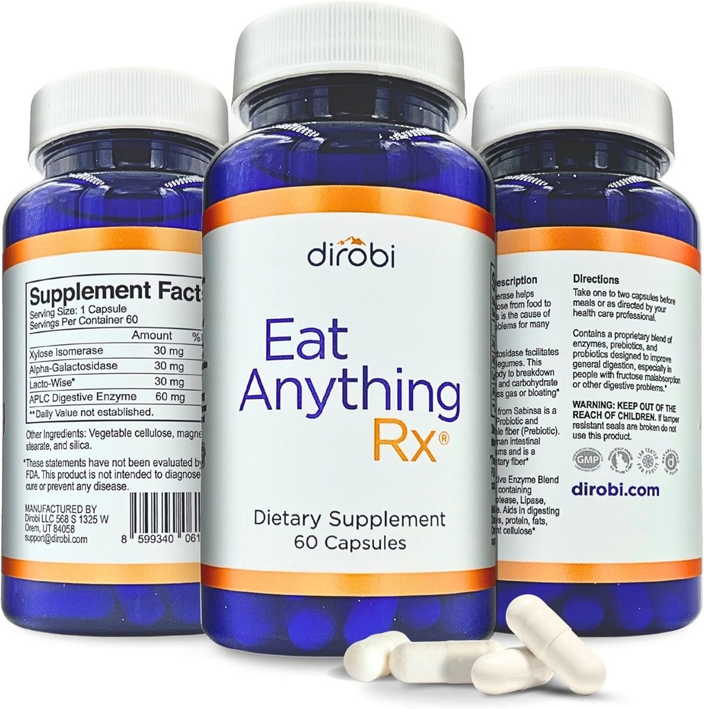 Dirobi, Xylose Isomerase Fructose Malab Metaboli Enzymes, FISOAP Tamam, Daha İyi Lactose için Digestive Enzymes, Fat, protein & Carbohidrat Digestion Gas & Bloating Relief 60 Capsules