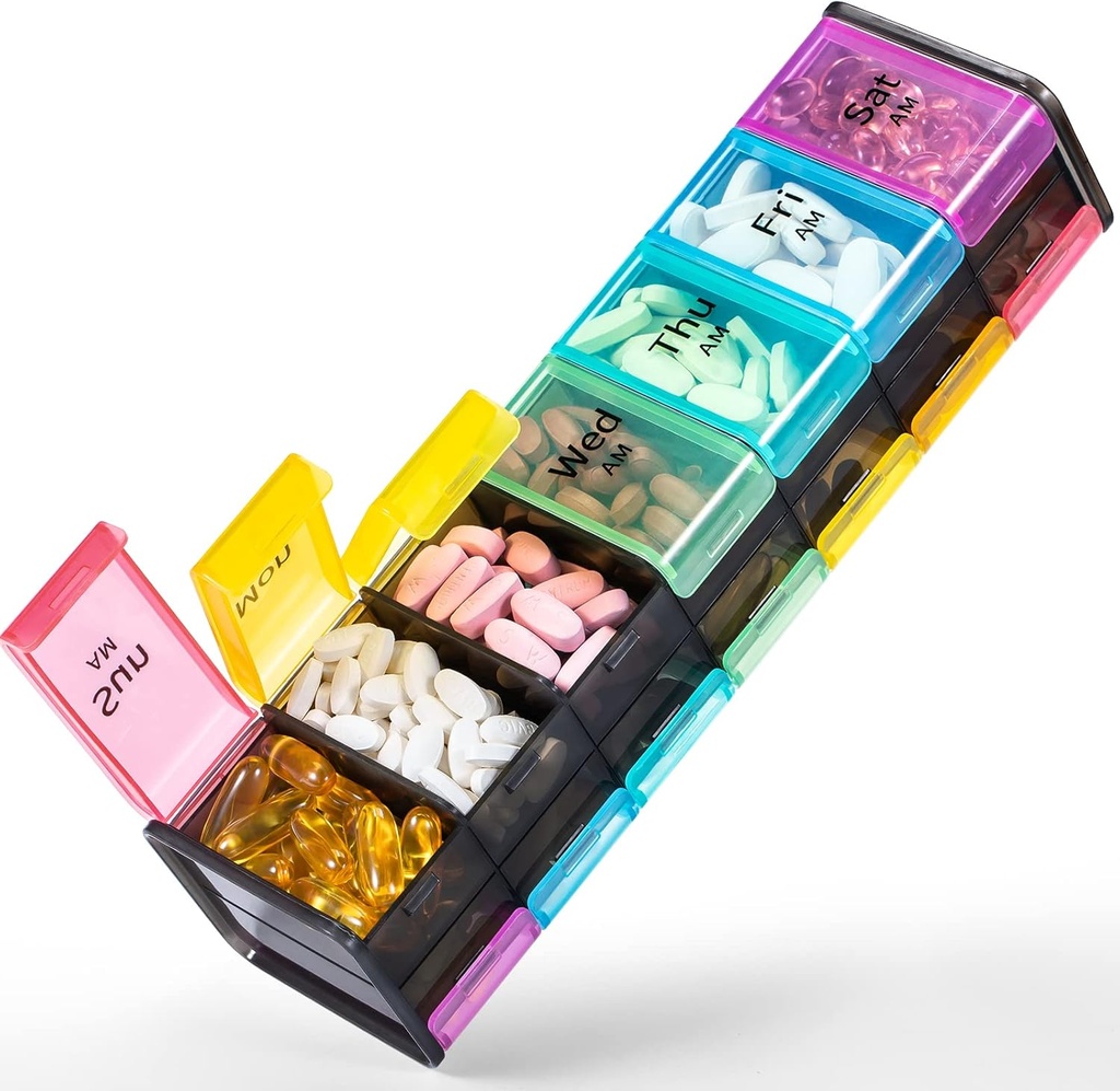 Ekstra Büyük Haftalık Pill Organizer 2 Zaman Bir Gün - Betife 7 Gün Pill Box, AM PM Pill Case with Double Katman Jumbo Karşılaştırmalı Pills, Vitamin, Fish Oil, Supplements (Rainbow)