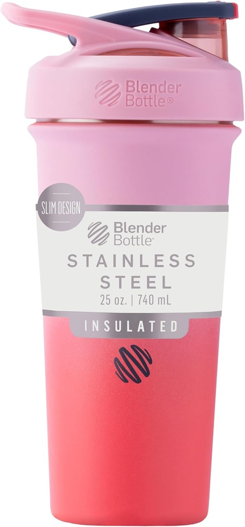 BlenderBottle Sport Sleek, Paslanmaz Çelik Shaker Şişe'yi Wiresk, 25-Ounce, Flamingo Ombre - Protein Shakes & Hydration for Athletes & Fitness Enthusiasts, Easy Mix, Slim Easy to Hold, Keeps Drinks Cold, Lockable Lid