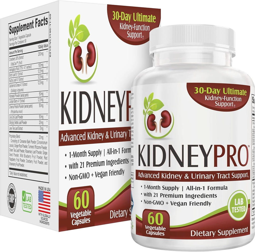 Kidney-PRO with 21 Kidney Health Supplements | All-in-1 Formula | Kidneys & Urinary Tract Supplement | Daily Cleanse & Detox Support | 1-Month Supply | 60 Capsules