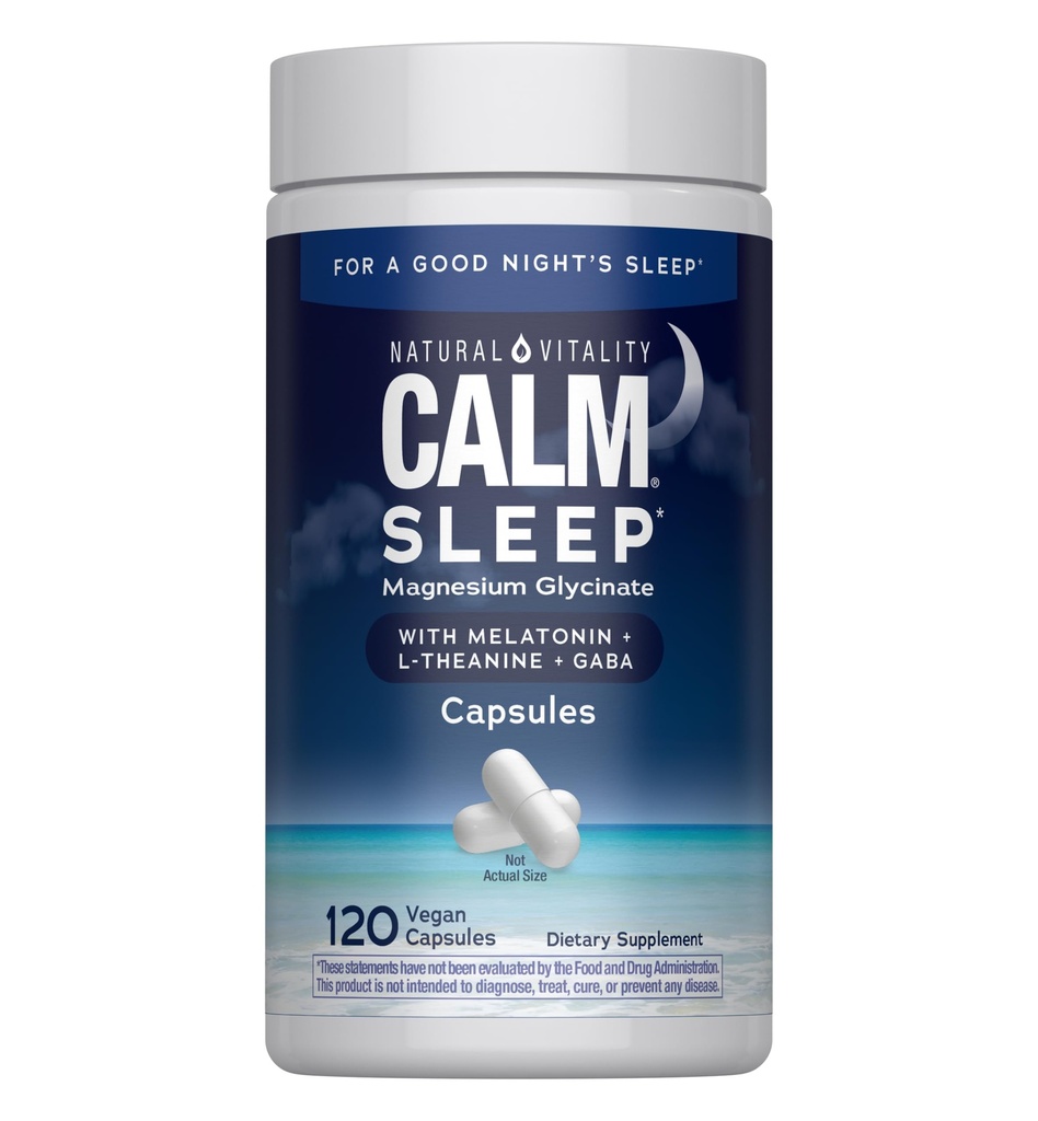 Natural Vitality Calm Sleep Capsules | Magnesium with Melatonin, L-Theanine & GABA Supplement | for a Good Night's Sleep | Non-GMO, Gluten Free & Vegan | 120 Count