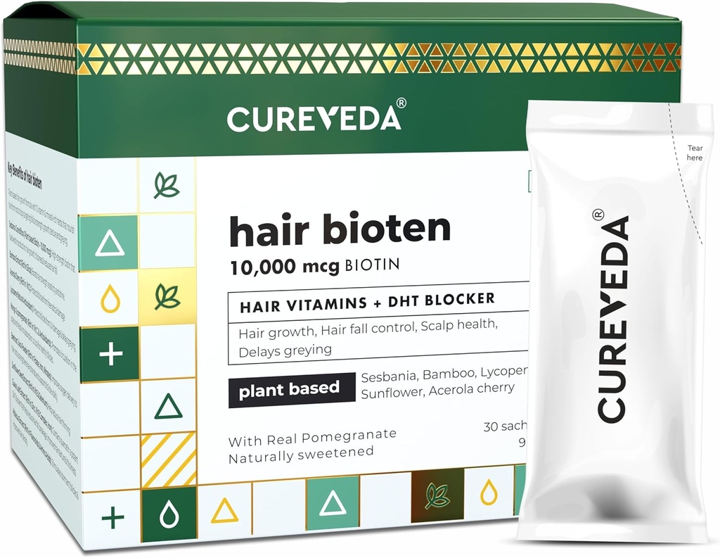 Cureveda Curveda Grow Plant Based Biotin 10000 Mcg Powder Supplement for Unisex, Benefits Healthy Scalp and Hair Growth, No Added Sugar, Natural Pomegranate Flavour 150 g (Pack of 1) Grow-1
