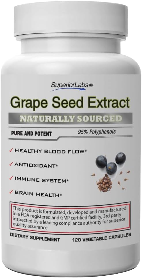 Superior Labs εκχύλισμα σπόρων σταφυλιών, 400mg, 120 κάψουλες λαχανικών, 95% πολυφαινόλες, υψηλό αντιοξειδωτικό περιεχόμενο, υγιή ροή αίματος, υποστηρίζει ανοσοποιητικό σύστημα και υγεία του εγκεφάλου