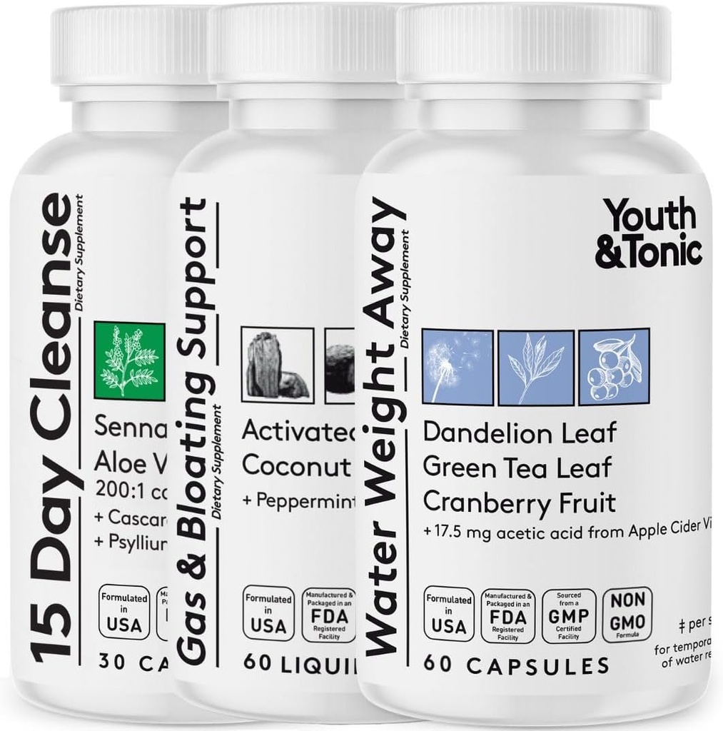Gençlik ve Tonic 3X Belly Bloating Pills for Puffiness, Water Debloat, Stomach, Gut & Colon Cleanse Detox | Sıvı Charcoal, Coconut & Peppermint Oil, Senna Leaf & More | 150 Capsules