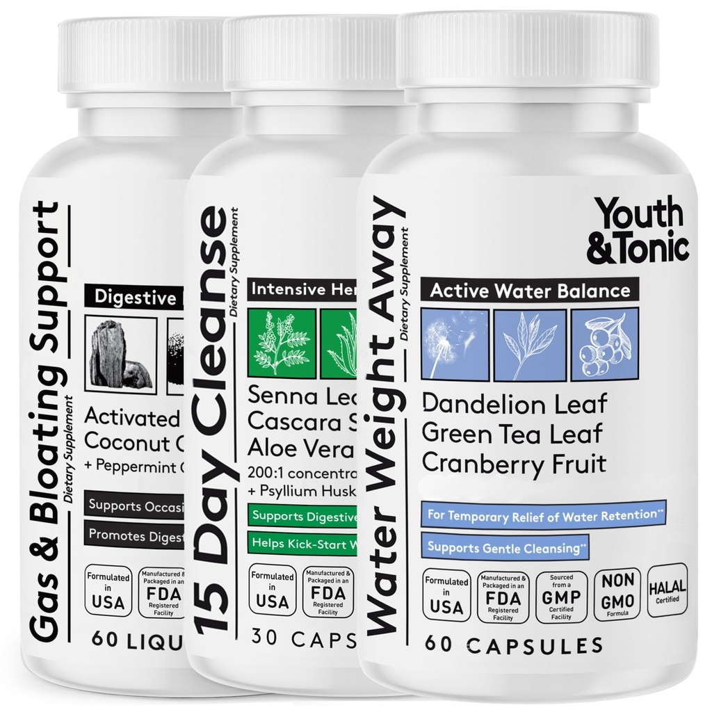 Gençlik ve Tonic 3X Belly Bloating Pills for Puffiness, Water Debloat, Stomach, Gut & Colon Cleanse Detox | Sıvı Charcoal, Coconut & Peppermint Oil, Senna Leaf & More | 150 Capsules