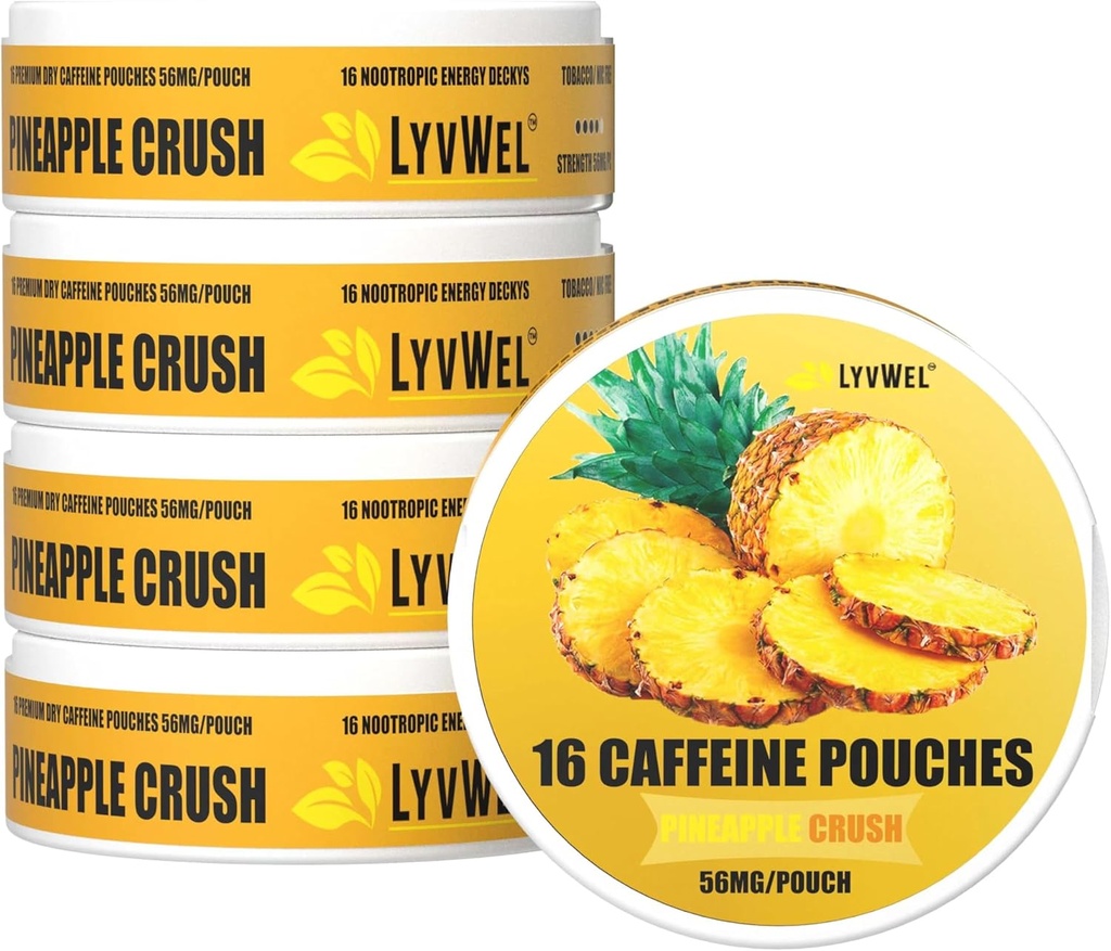 LyvWel 56 mg Caffeine Energy Pouches – Pineapple – Temiz Enerji ve Focus Guarana ile Boost – 16 Pouches Per Can (80 Total Pouches) ile 5Pack
