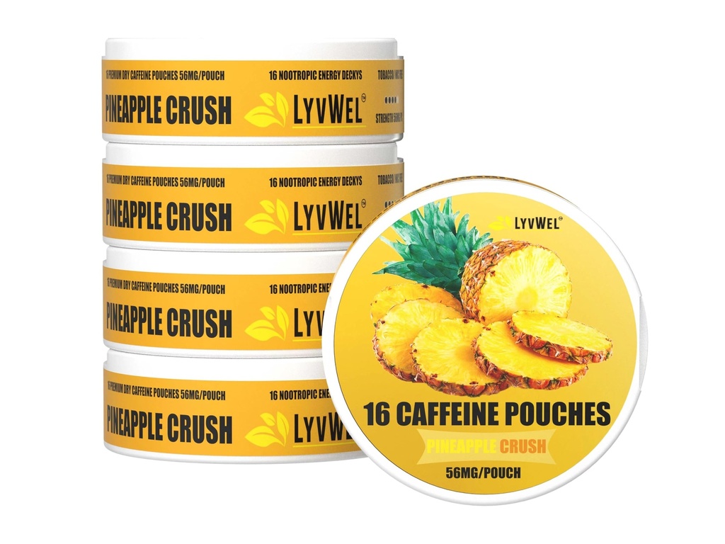LyvWel 56 mg Caffeine Energy Pouches – Pineapple – Temiz Enerji ve Focus Guarana ile Boost – 16 Pouches Per Can (80 Total Pouches) ile 5Pack