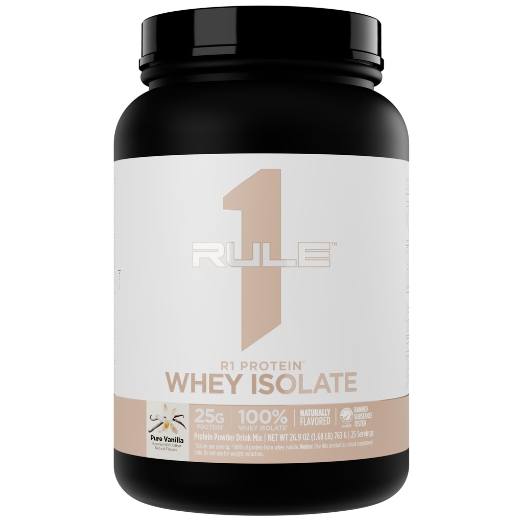 Κανόνας 1 Φυσικά αρωματισμένη πρωτεΐνη R1 Whey Isolate - Clean Formula with 25g Protein & 6g BCAA Αποκλειστικά απομονωμένες & υδρολυμένες πηγές για την αποκατάσταση προπόνησης (1.7 Λίρες*, Pure Vanilla)