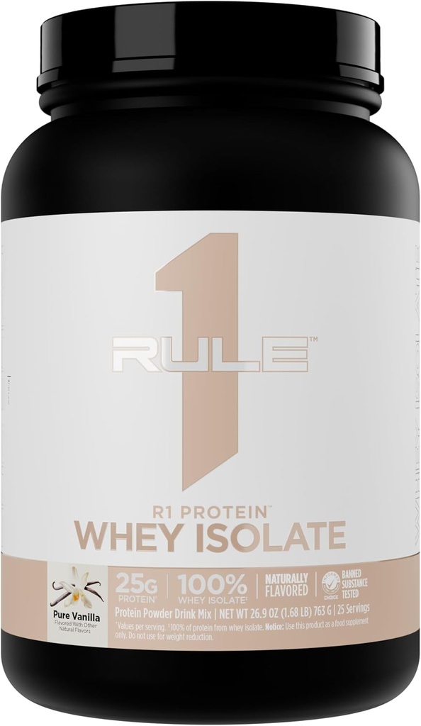 Κανόνας 1 Φυσικά αρωματισμένη πρωτεΐνη R1 Whey Isolate - Clean Formula with 25g Protein & 6g BCAA Αποκλειστικά απομονωμένες & υδρολυμένες πηγές για την αποκατάσταση προπόνησης (1.7 Λίρες*, Pure Vanilla)