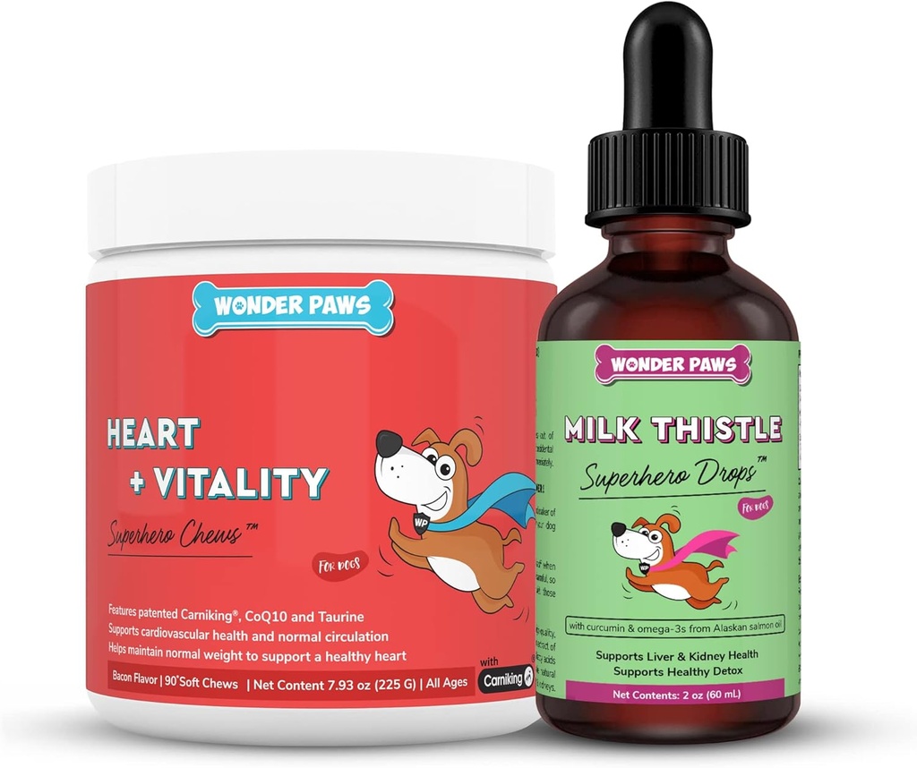 WONDER PAWS Heart + Vitality Superhero Chews Plus Milk Thistle Drops - for Dogs Heart Health, Circulation, Liver & Immune Support - Heart + Vitality 90 Chews - Milk Thistle Drops 2 Ounces