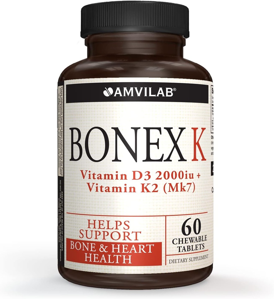 Bonex K Supplement|Vitamin D & K Complex|Supports Heart, Bones & Teeth Health|2000IU Vitamin D3 & 75mcg Vitamin K2|Non-GMO|Small & Easy to Swallow|60 Day Supply Chewable Tablets