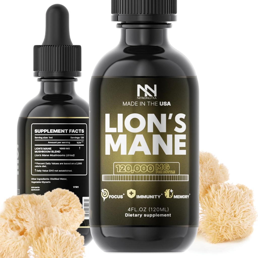 Lions Mane Mushroom Supplement - Organik Aslanlar Beyin Sağlığı, Hafıza, Odak ve Immune Desteği - Nootropic Vegan Liquid Tincture - ABD'de Yapıldı - 4 Fl Oz
