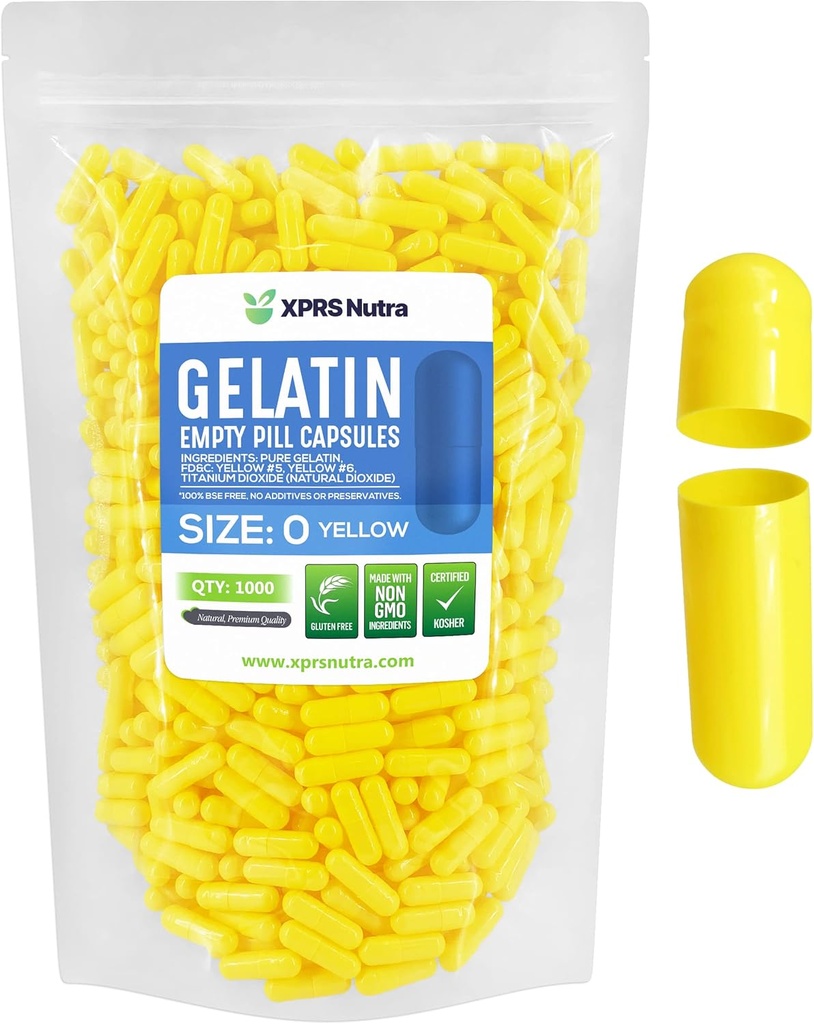 XPRS Nutra Boyutu 0 Boş Kapsüller - 1000 Kont Boş Gelatin Capsules - Pills DIY Capsule - Pure Bovine Pill Gel Caps For Do-It- Yourself Supplements (Yellow)