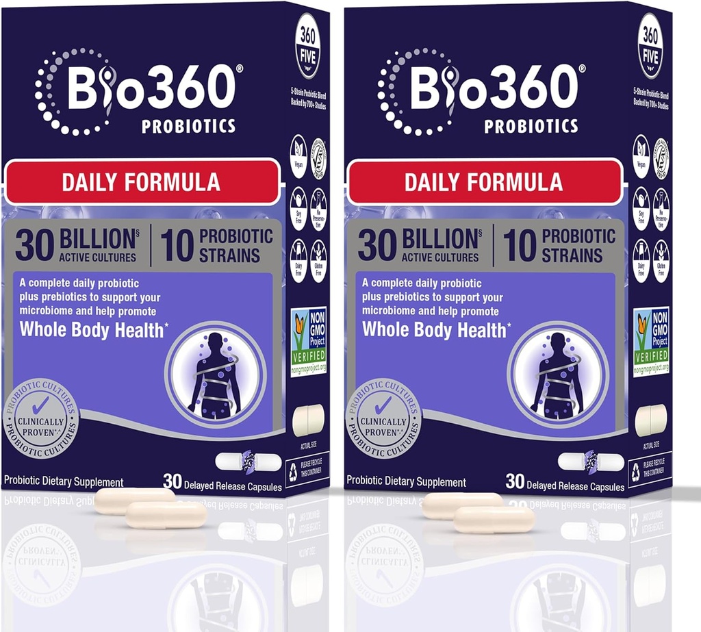 Bio360 Yetişkin Daily Probiyotik Supplement for Women & Men, 30 Milyar CFU, 10 Strains, Organik Prebiyotik Fibers, Digestive & Immune Health, Occasional Constipation, Diarrhea & Bloating, 30CT (2 Pack)