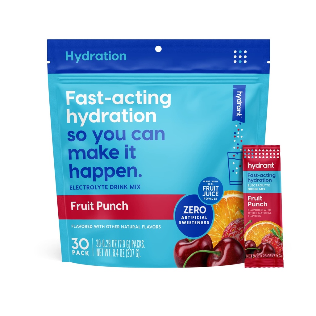 HYDRANT - Hydration Toz, Fruit Punch Flavor, 30 Bireysel Instant Electrolyte Rehidrasyon Packets - Low Sugar Mix for Daily Use, Travel & Workoutss