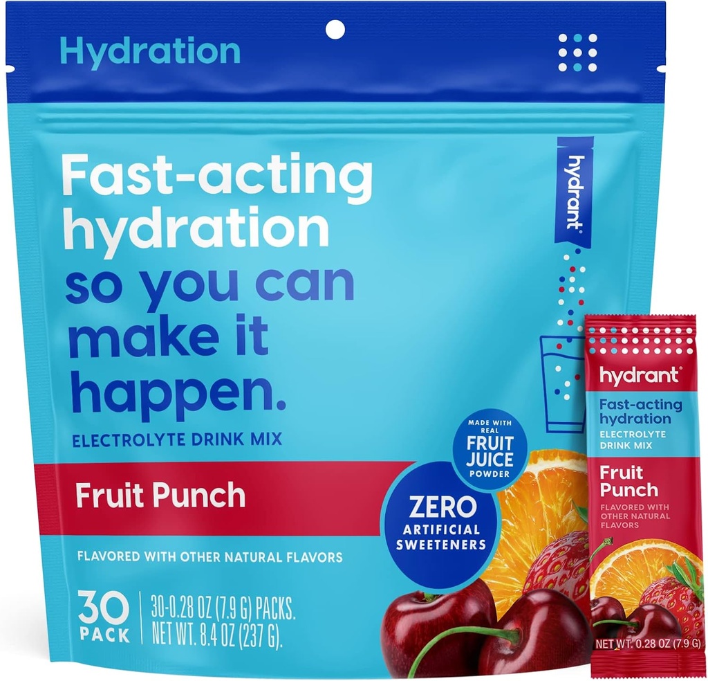 HYDRANT - Hydration Toz, Fruit Punch Flavor, 30 Bireysel Instant Electrolyte Rehidrasyon Packets - Low Sugar Mix for Daily Use, Travel & Workoutss