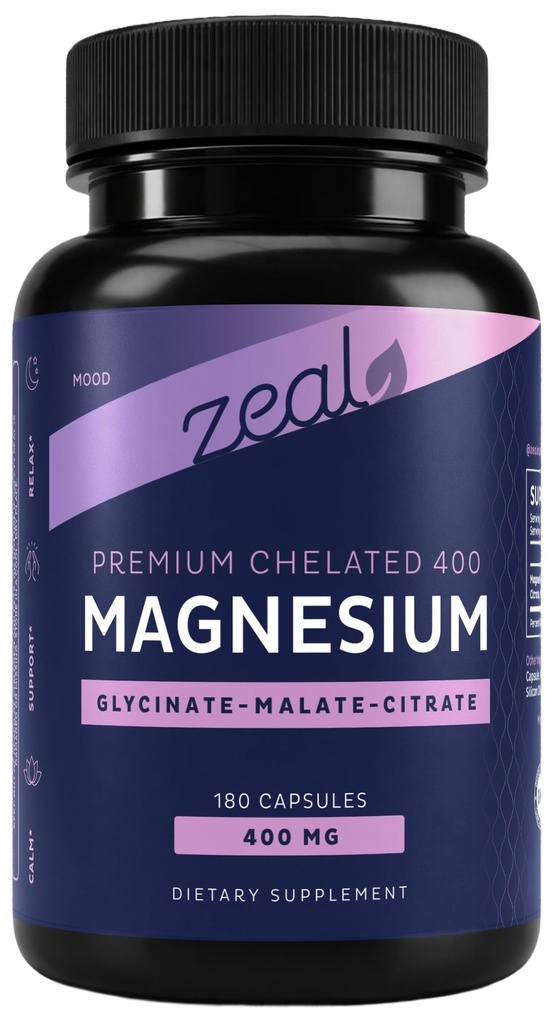 Premium Chelated Magnezyum Glycinate, Malate, Citrate (400 mg | 180 Capsules) Triple Blend Complex w. Magnezyum Malate Magnezyum Glycinate ve Magnezyum Citrate