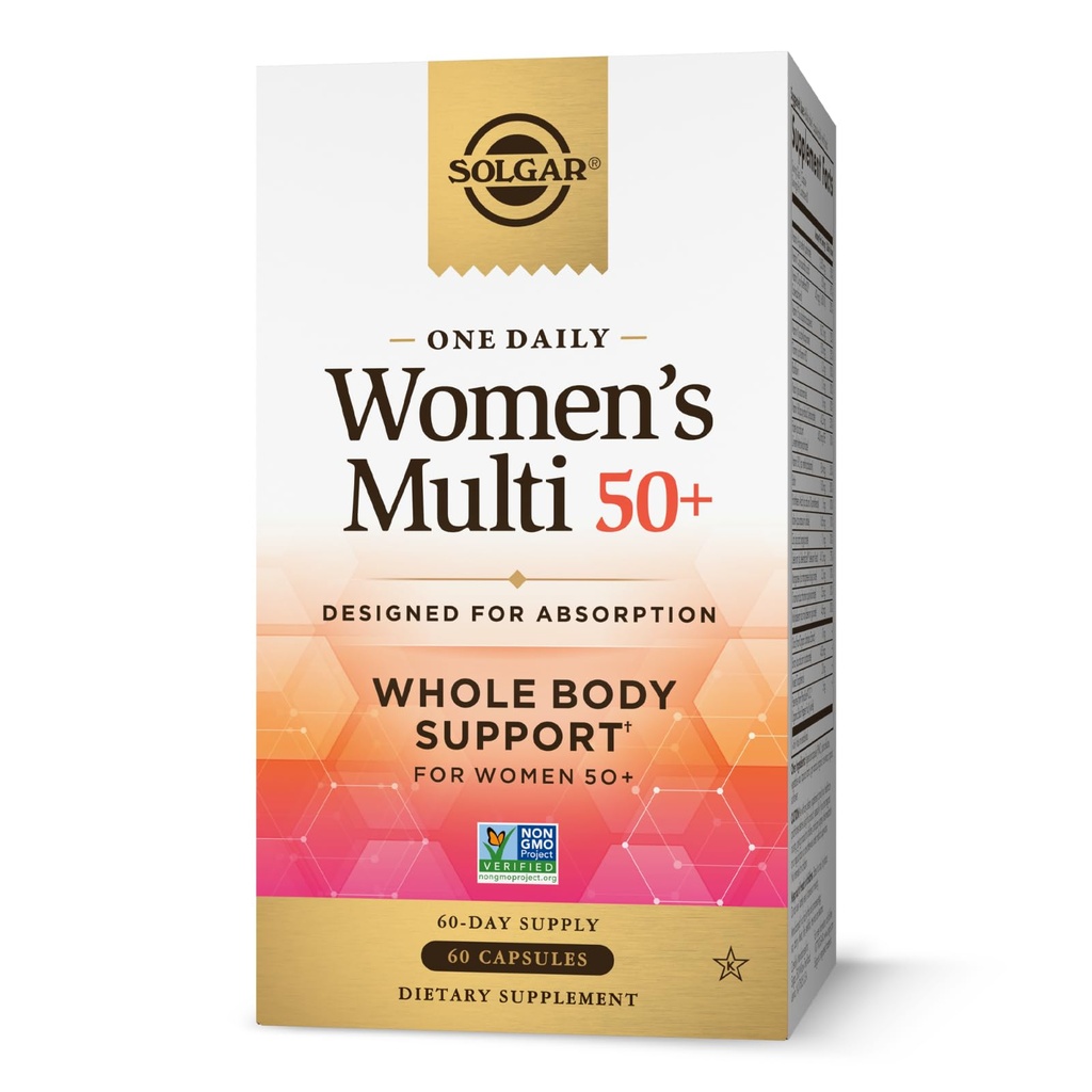 Solgar One Daily Women's Multi 50+ Whole Body Support for Women 50 and Older - Highly Absorbable Heart, Bone & Meme Health, Energy, Stress, Hair Skin & Nails Multivitamin, 60 Vegan Capsule
