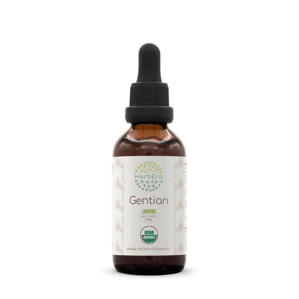 Gentian B60 Alkol-Free Herbal Extract Tincture, Tempd Liquid Drops Natural USDA Organic Gentian (Gentiana Lutea) kuru Kök (2 fl oz)