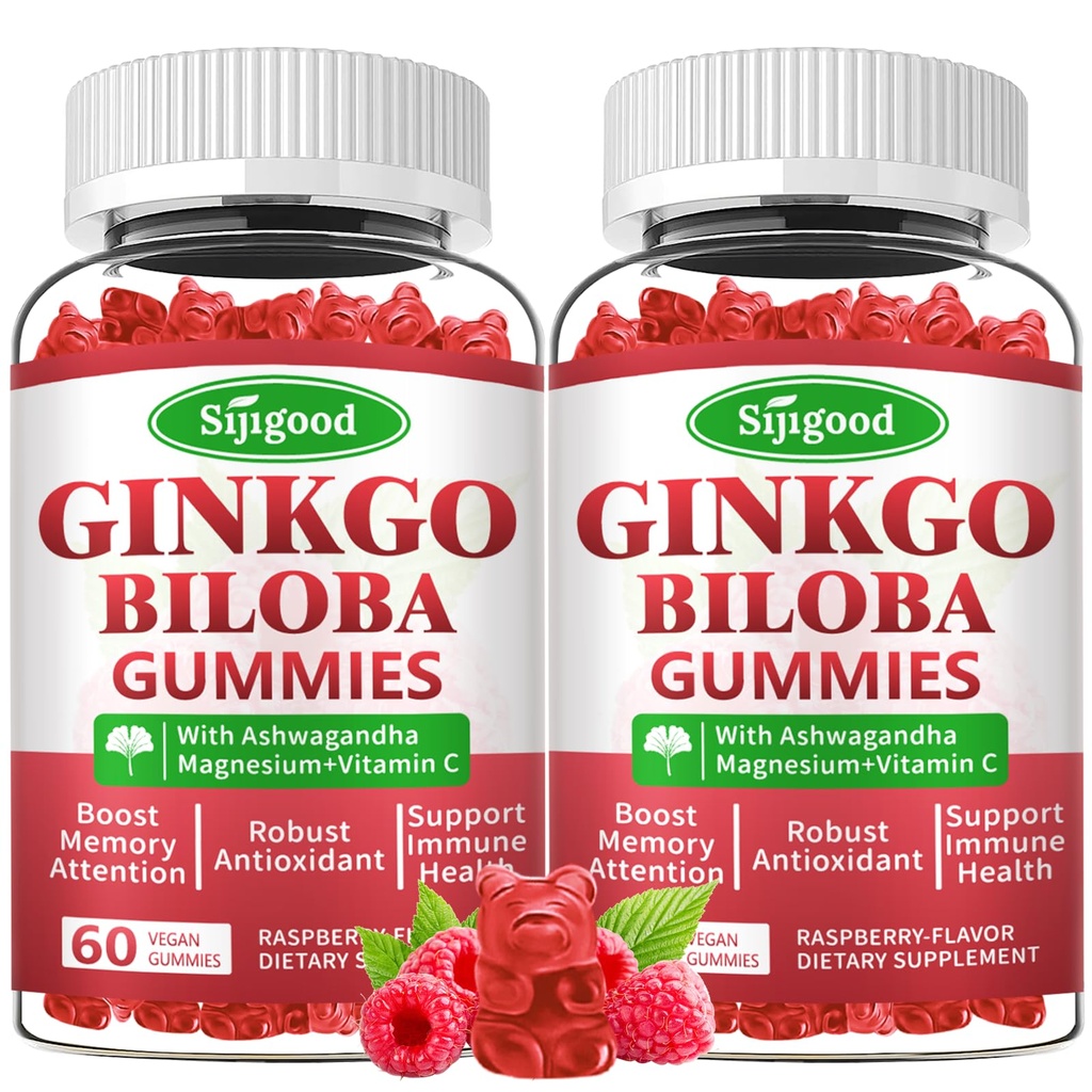 2 Πακέτο Ginkgo Biloba Gummies με Panax Ginseng και μαγνήσιο, Ginkgo Biloba Συμπληρώματα για Εστίαση, Μνήμη και Εγκεφαλική Υγεία για Ενήλικες & Παιδιά, Vegan Raspberry Flavor Gummies, 120 Count