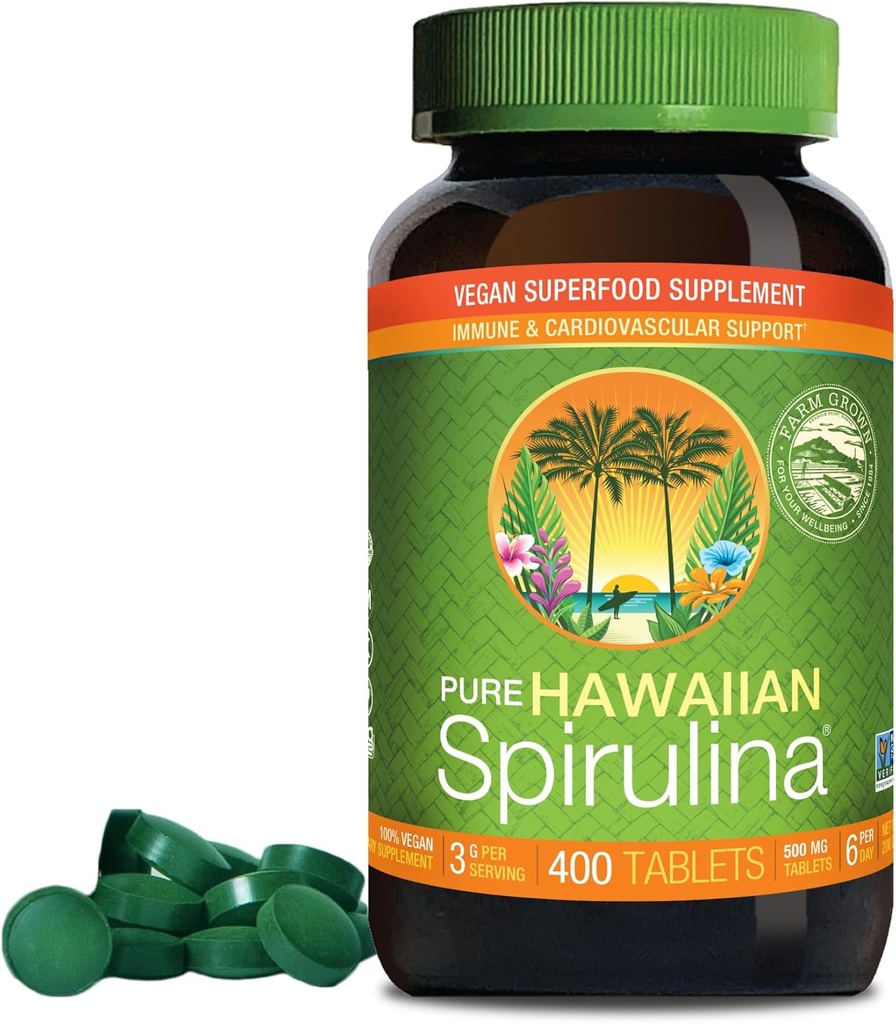 Nutrex Hawaii, Hawaii Purean Spirulina 500 mg, Vegan, Destekler Immune Sistemi, Kalp, Hücreler ve Enerji, 400 Tablet
