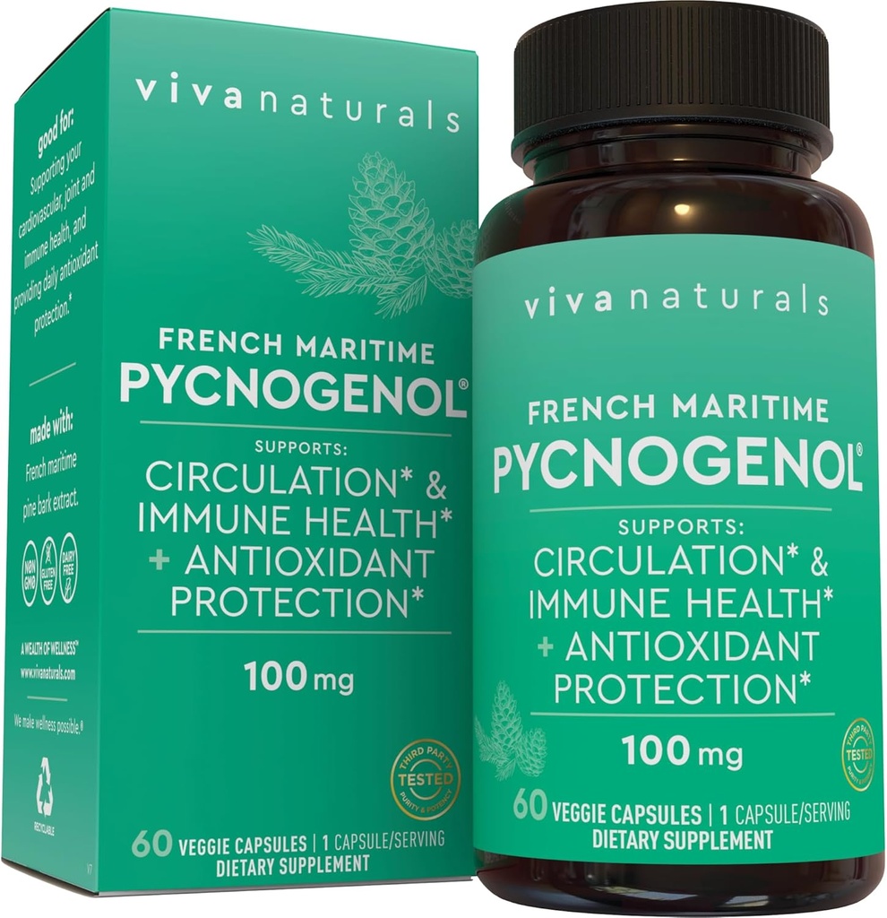 Viva Naturals Pycnogenol - 100mg Γαλλικό εκχύλισμα Maritime Pine Bark – Υποστηρίζει την κυκλοφορία, αντιοξειδωτική δραστηριότητα, αρθρώσεις & ανοσοποιητική υγεία και λειτουργία – 60 κάψουλες Veggie