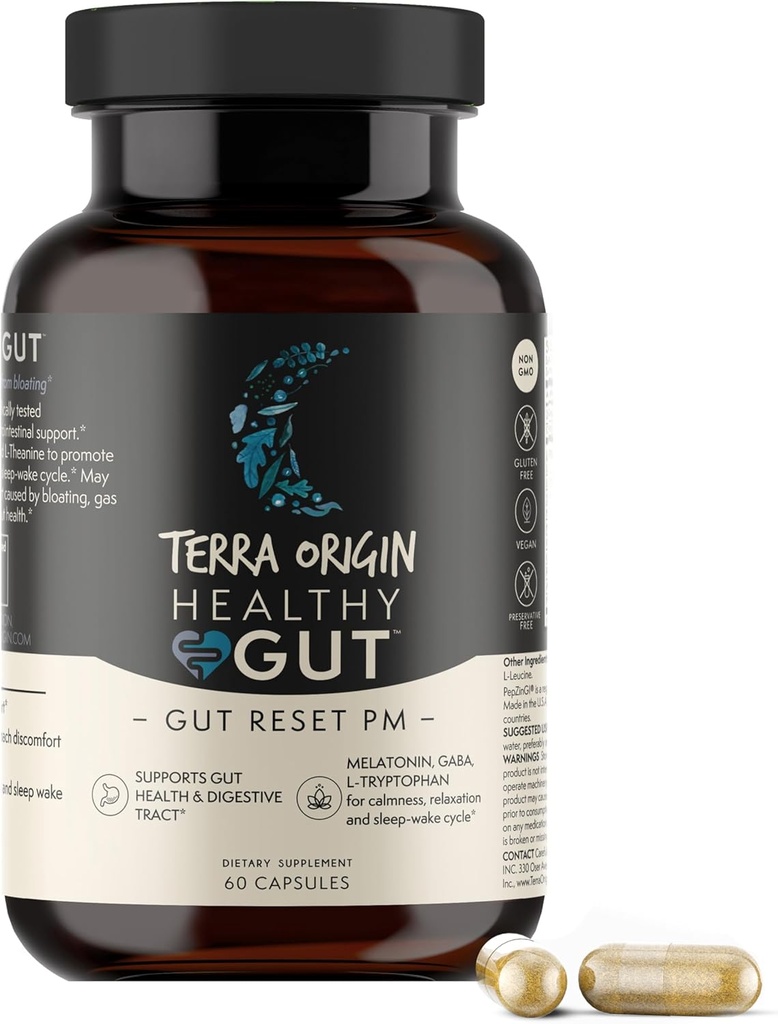 TERRA ORIGIN Health Gut reset PM | 60 Veggie Capsules | Natural Sleep Aid Supplement for Sleep & Wake Cycles | GABA, L-Tryptophan, Melatonin, L-Glutamine, Licorice Root, Terpery Elm Root