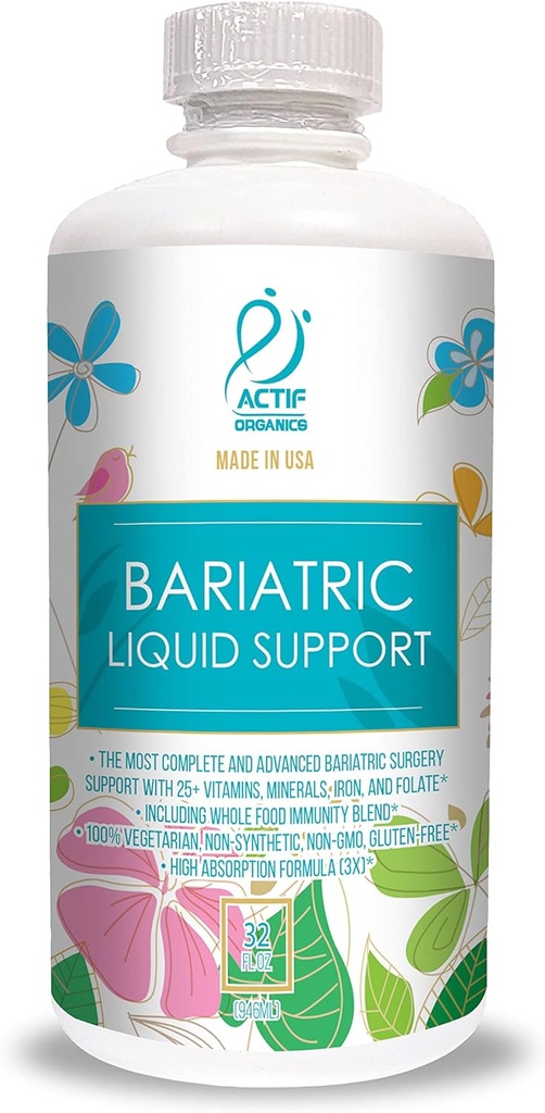 Actif Organik Bariatrik Sıvı Desteği 25+ Organik Vitaminler ve Bariatrik Cerrahi için Mineraller, Gelişmiş Formula, GMO, 32 Oz