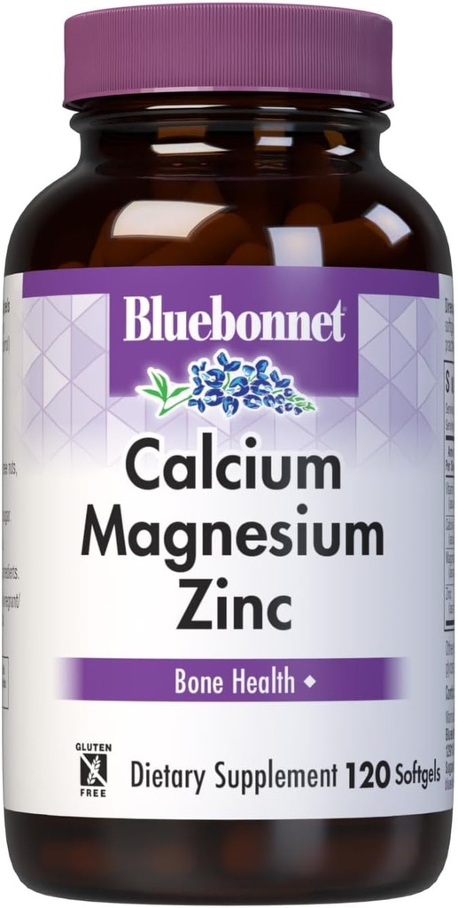 Bluebonnet Beslenmeli Magnezyum çinko Plus Vitamin D3, 1000 mg of Kalsiyum, 500 mg of Magnezyum ve 15 mg of çinko, 400IU Vitamin D3, Güçlü Sağlıklı Bones*, Gluten-Free, Dairy-Fee, 120 softgel