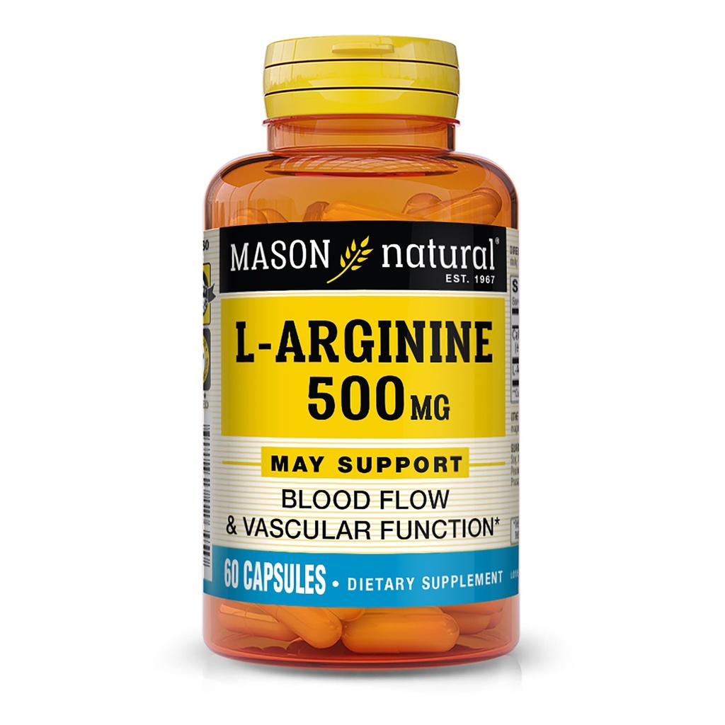 MASON NATURAL L-Arginine 500 mg ile Macau- Supports Health Circulation & Vascular Function, Nitrik Oksit Supplement, 60 Capsules