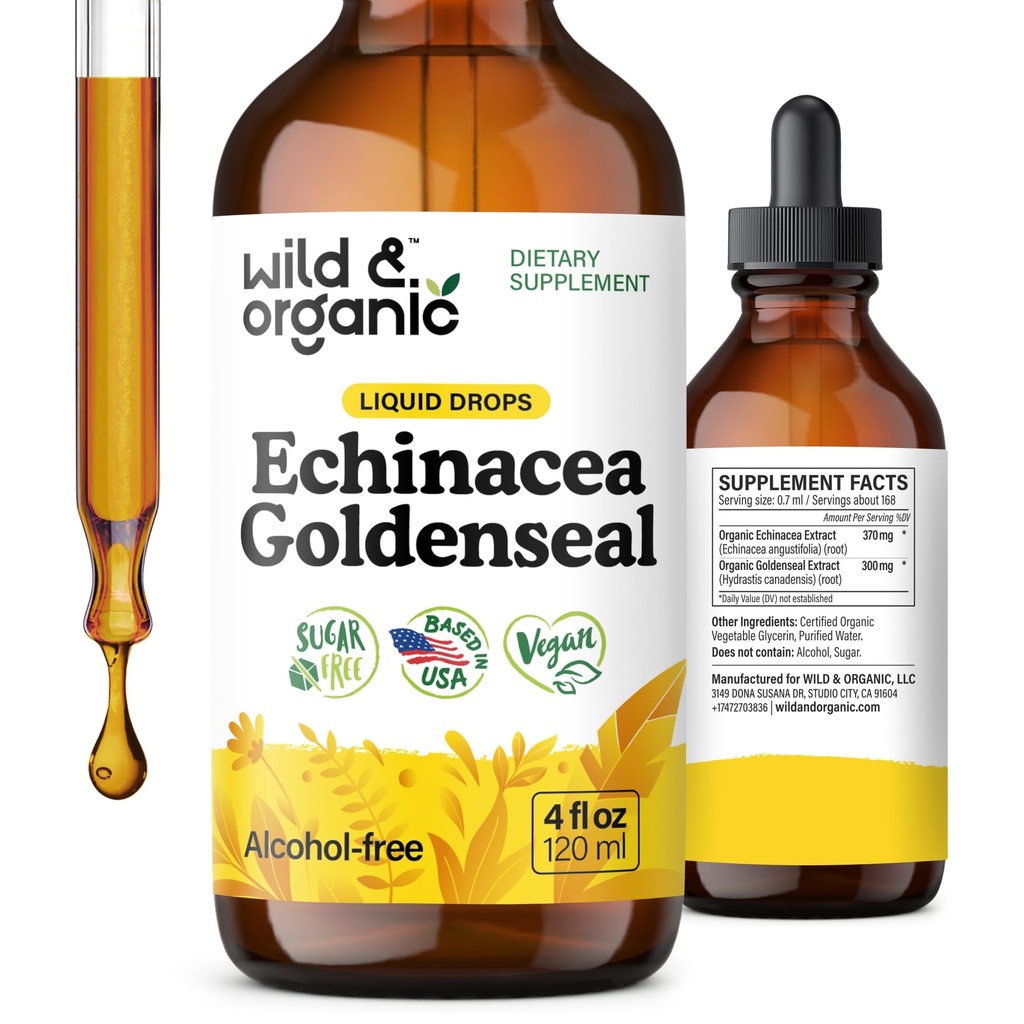 Wild & Organic Echinacea Goldenseal Tincture - Immune Support Drops with Echinacea and Goldenseal Root Extract - Vegan, Sugar & Alkol-Free Liquid Supplement - 4 fl ozz