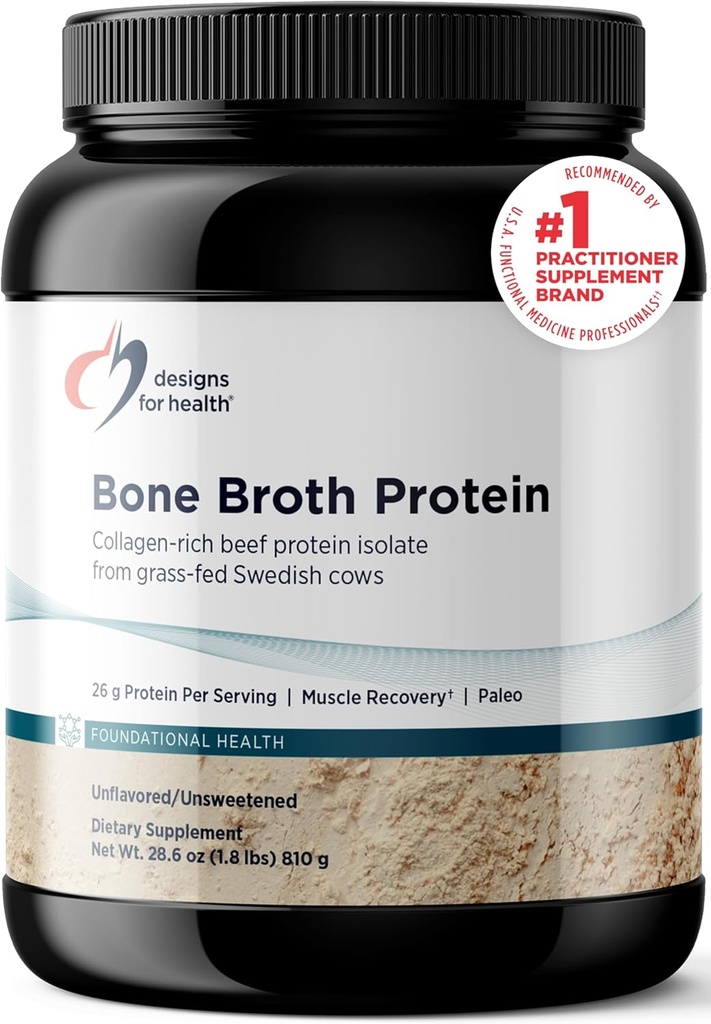 Designs for Health Broth Protein Powder - 26g Grass-Fed, Collagen-Rich Beef Protein Isolate – Μη αρωματισμένη, Παλαιό, Μη ΓΤΟ, Γαλακτοκομικά Χωρίς (30 σερβιρίσματα / 810g)
