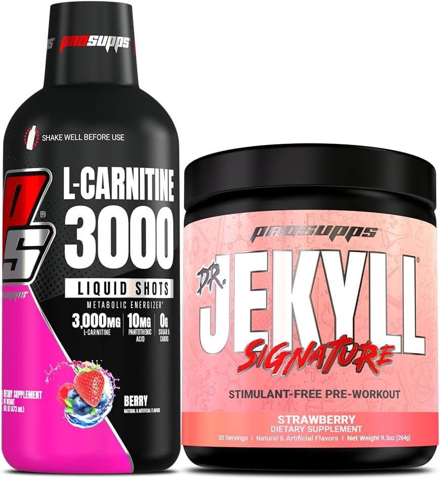 PROSUPPS L-Carnitine 3000 Stimulant Free Liquid Shots (Berry) Dr. Jekyll Signature Intense Focus, Energy & Pumps Pre-Workout Powder (Strawberry) Bundle