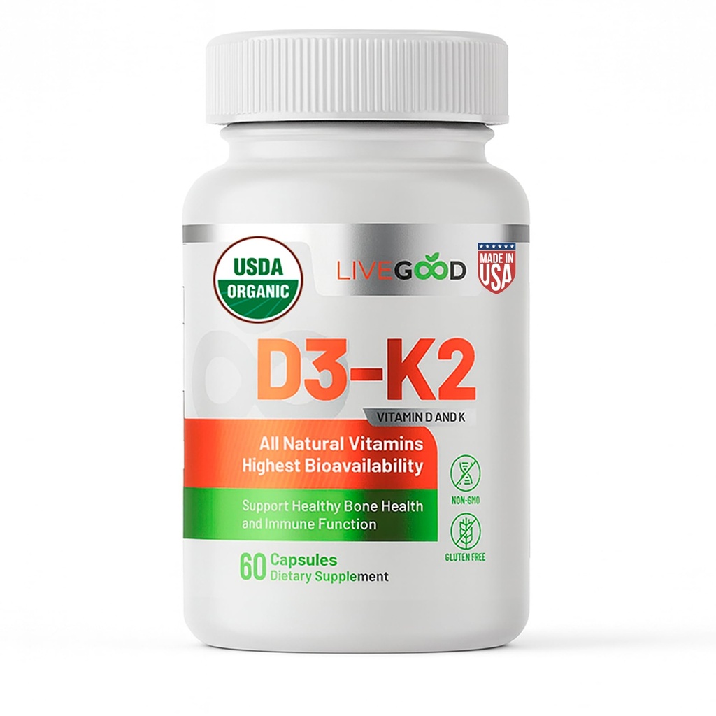 LIVEGOOD Organic D3 K2 Supplement 2000 IU, Κάψουλες Vegan με MK-7, Καθαρή Βιταμίνη D3 με K2 για το ανοσοποιητικό, και υποστήριξη οστών Made in the USA Organic D3 K2 Formula (60 Count)