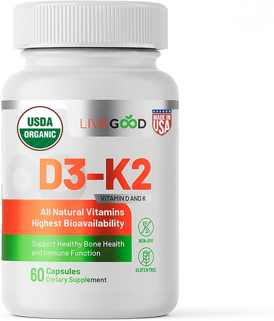 LIVEGOODTM Vitamin D3 + K2 All Natural Bone, Muscle & Immune System Support, Vegan & Non-GMO, 60 Capsules