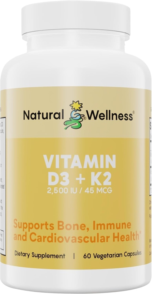 Doğal Wellness Vitamin D3 + K2 – Yüksek Potency Vitamin D3 2500 IU & K2 MK-7 45 mcg – Bone Strength, Heart Health, Immunity & Metabolism - All-in-One Natural Vegan Supplement, 90 Capsules