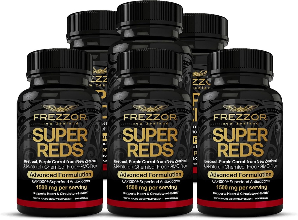 FREZZOR Super Reds Capsules with UAF1000+, All- Natural New Zealand Red Superfood Energy, Essential Red Fruits Veggies & Beets, Antioksis, Enzymes, Enerji Supplements, 540 Capsules, 6 Şişes, 540 Capsules, 6 Şişe