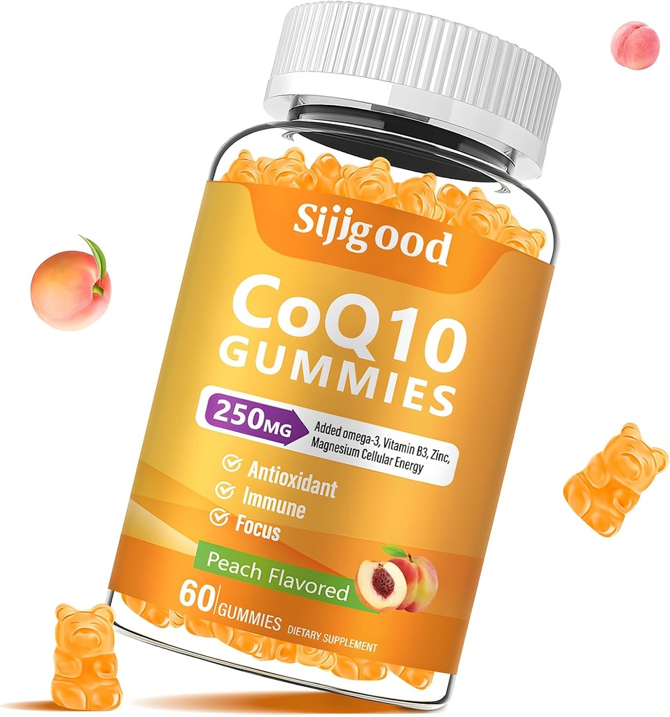 Sugar Free CoQ10 Gummies, Plus Omega-3, Vitamin B3 ve çinko, Magnezyum, 5X Yüksek Abhidrorpsiyon Coenzyme Q10 Supplements, q10 Boost Cellular Energy, Potent Antioksi & Brain, Peach Flavor, 60 Cts