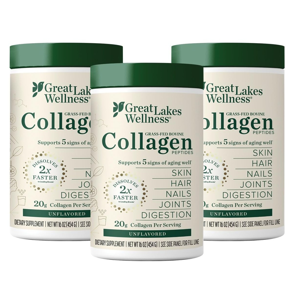 Büyük Lakes Wellness Collagen, Tozu Skin, Saç, Nails, Joints & Digestion - Unflavored - Quick Dissolve Hydrolyzed, Non-GMO, Keto, Kosher - 16 oz - 3 Pack