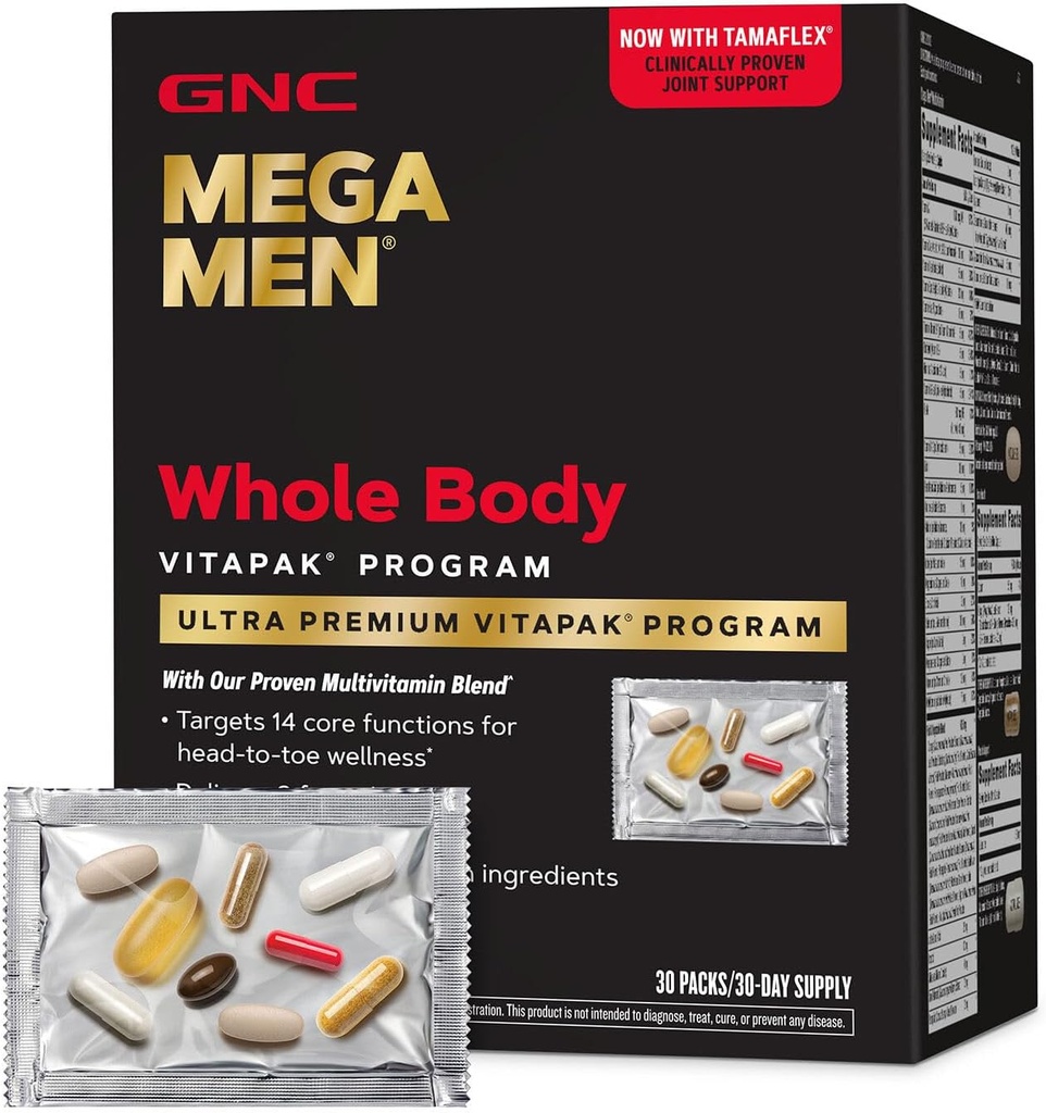 Mega άνδρες όλο το σώμα Ultra Premium Vitapak πρόγραμμα, GNC καλύτερο πακέτο διατροφής για την ανδρική ευεξία, βολικό, 8 προϊόντα σε 1 πακέτο, μνήμη, με κλινικά αποδεδειγμένα συστατικά, κοινή υποστήριξη, 30 svgs