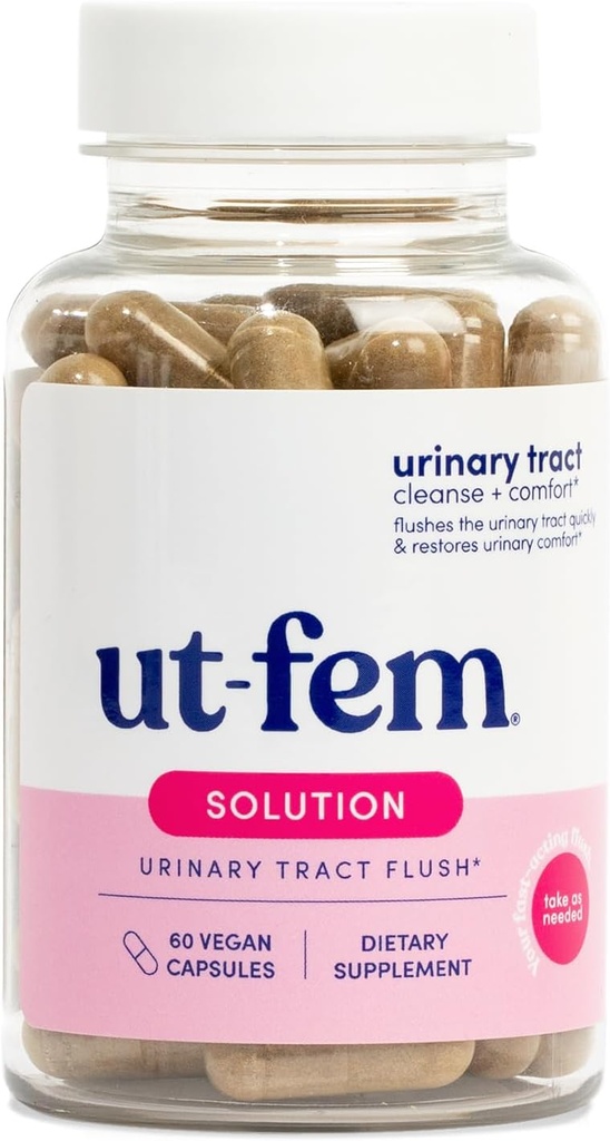 UT-Fem Solution - Γρήγορη αντηλιακή ούρηση για τις γυναίκες, προωθητική υποστήριξη UTI, προωθεί τον καθαρισμό & άνεση, κλινική δύναμη D-μαννόζη, βατόμουρο, και φυσικά συστατικά - 60 κάψουλες Vegan