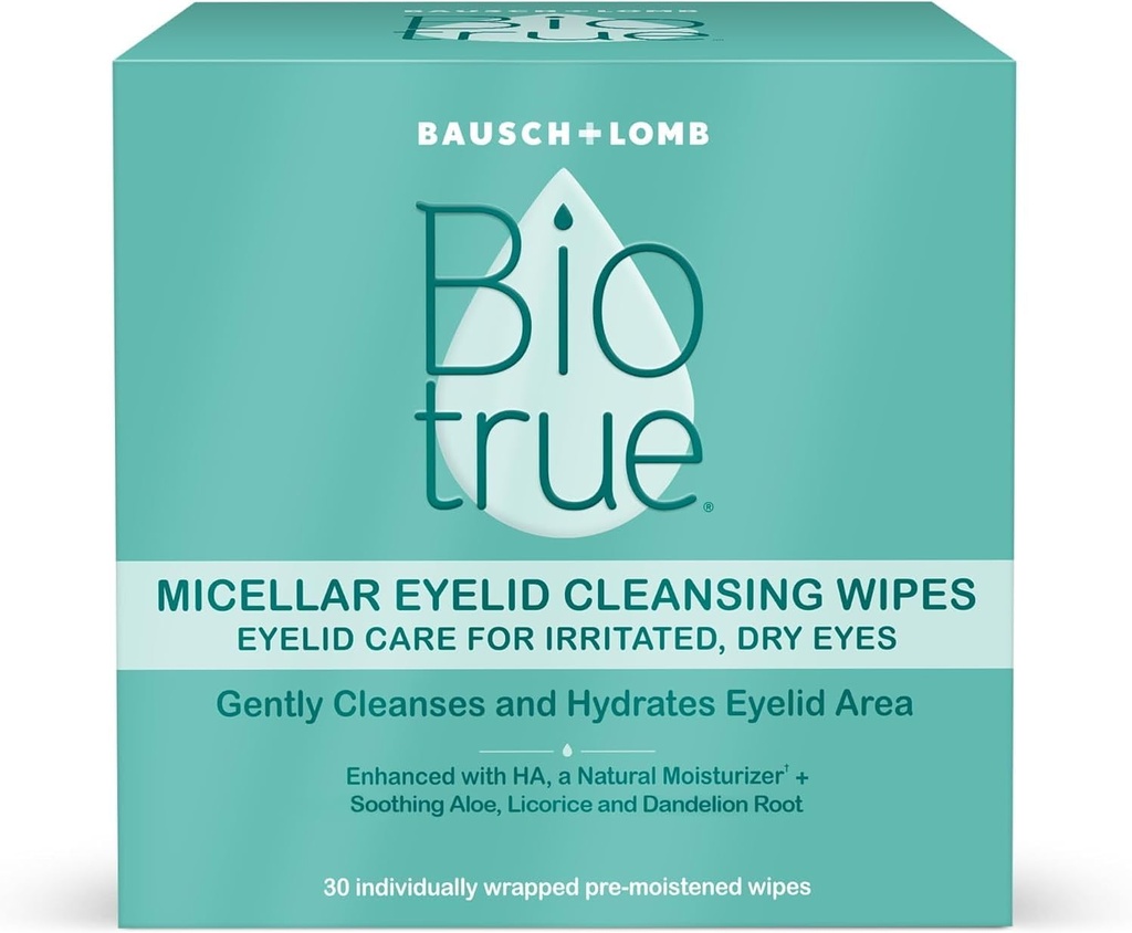 Biotrue Micellar Eyelid Care for Irrited and Dry Eyes Cleaning Wipes, from Bausch + Lomb, Multi, 30 Count